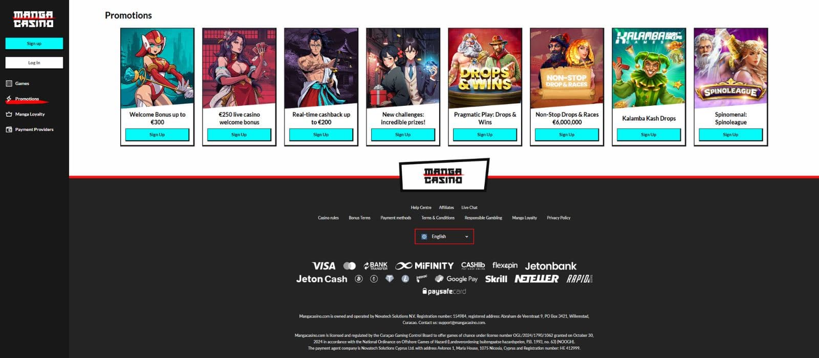 Manga Casino promotions page showing the welcome bonus offers and other promotions