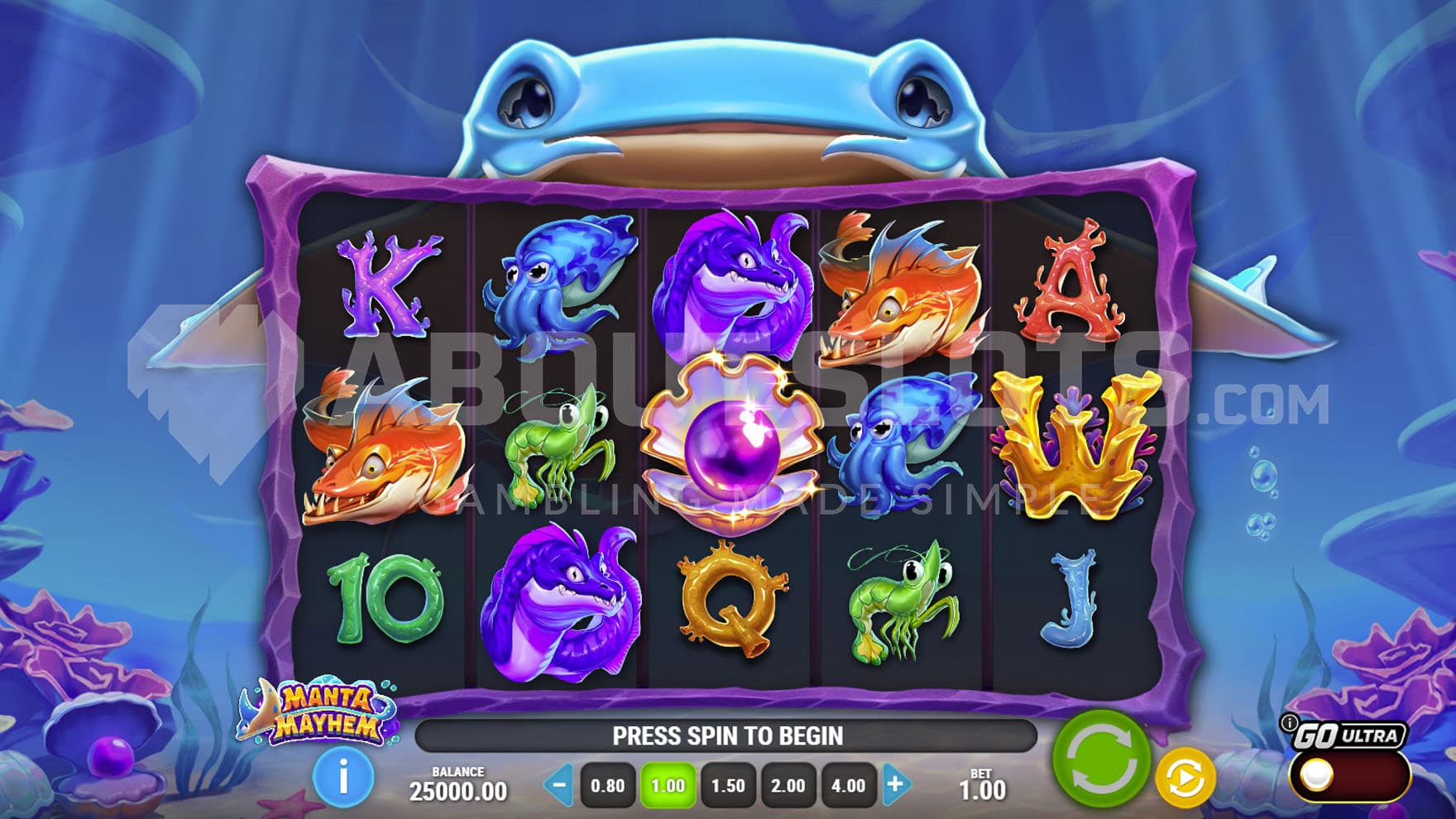 Base Game view of a 5x3 grid on a backdrop of an underwater landscape with a manta ray floating behind the reels.