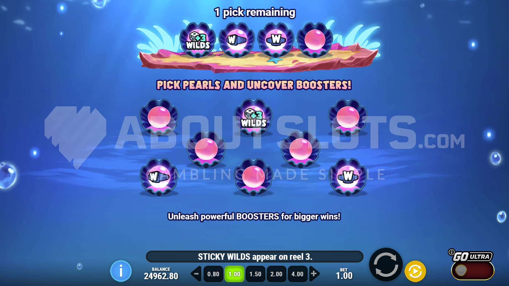 Boosters selection screen before the bonus round.