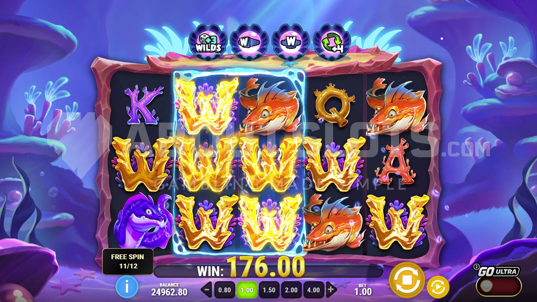 Free Spins bonus in progress, showing multiple Wilds present on the grid.