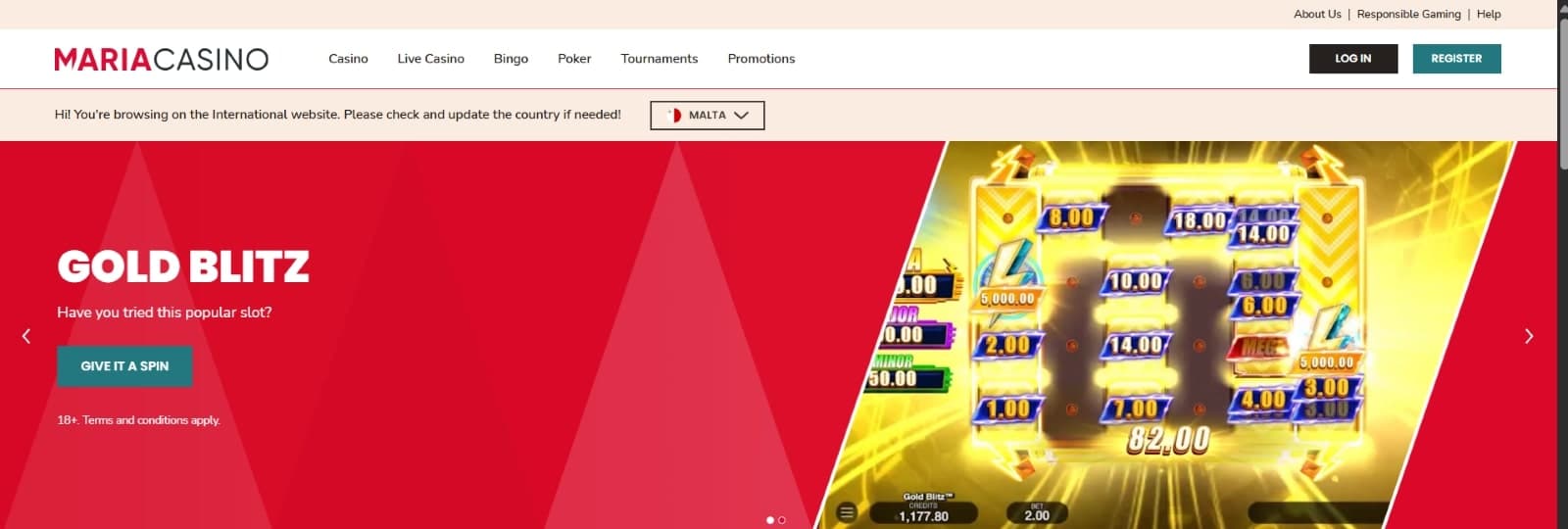 Maria Casino landing page featuring promotional banner of Gold Blitz slot game
