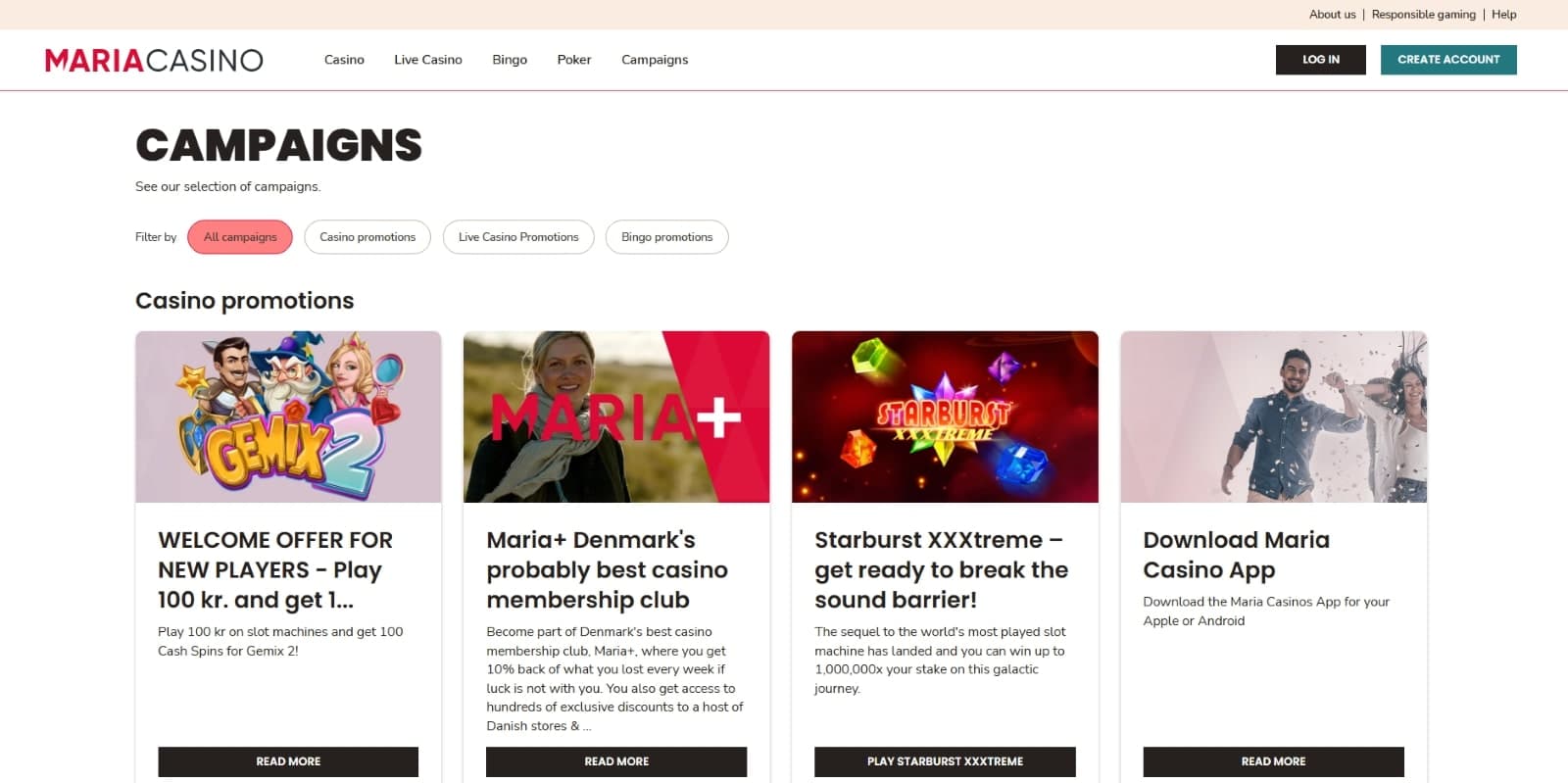 Maria Casino Danish promotions page with welcome offer of 100 kr