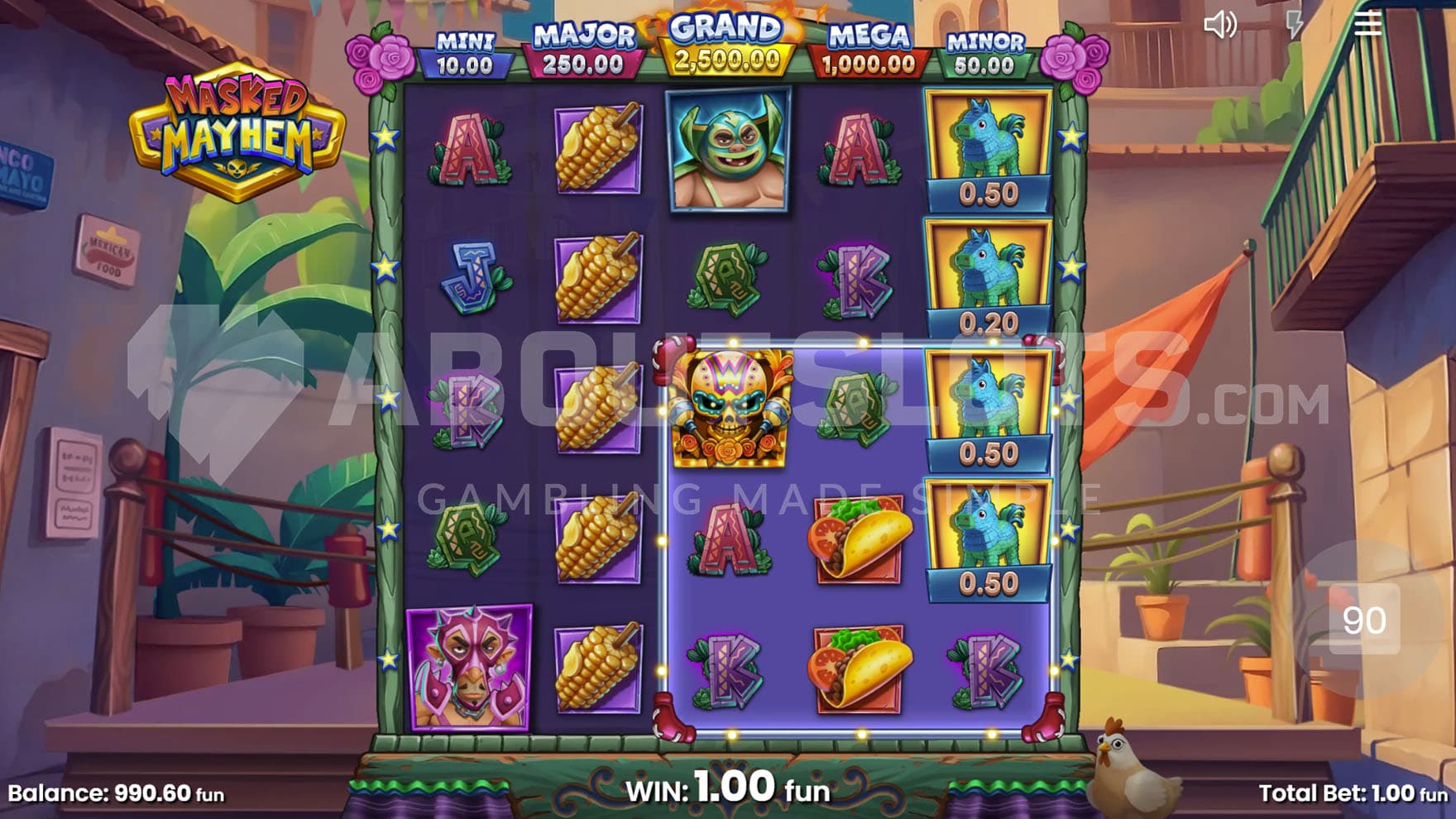 Win Zone feature triggered in the base game, collecting 2 Instant Prizes from the grid.