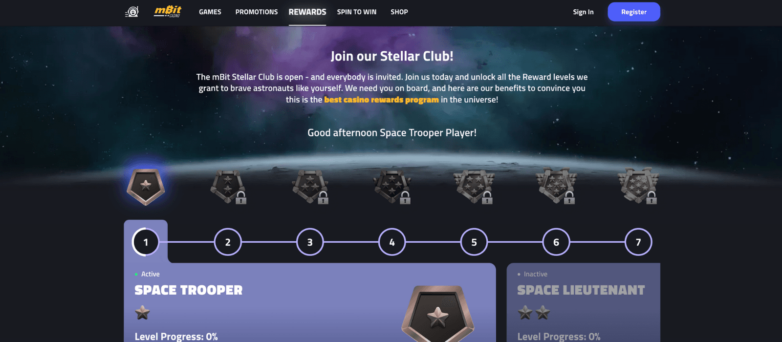 mbit casino Stellar Club page with a space travel theme