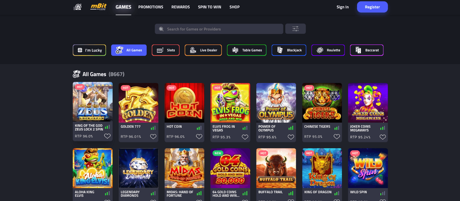 mbit casino game page showing selection of colourful games