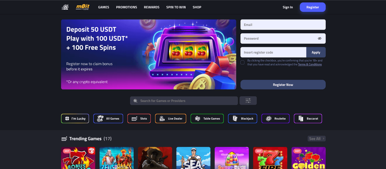 mbit casino landing page with welcome bonus offer of 100 free spins