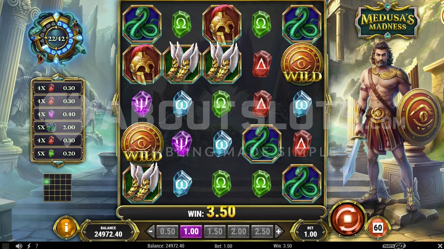 Base Game view of a 5x5 grid with a mix of high, low-paying and special symbols and a progression meter charged to 22 poitns.