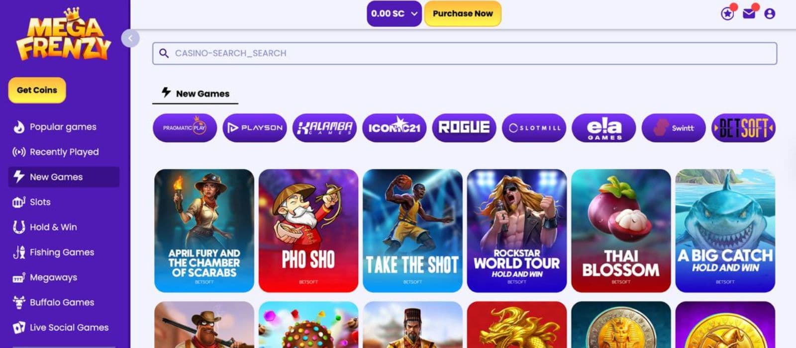 Mega Frenzy Casino's New Games page, showing the providers and some exciting titles such as Thai Blossom.