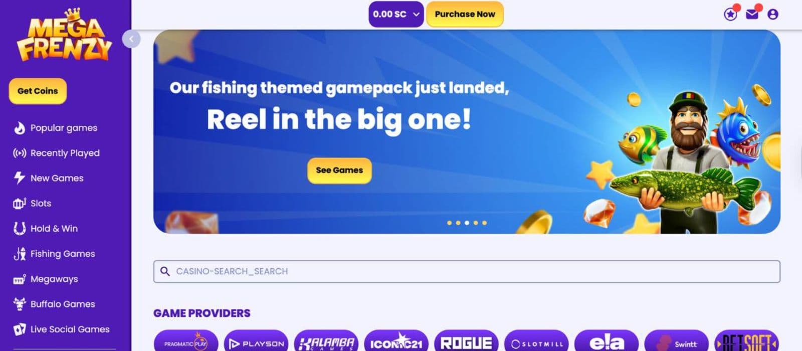 Mega Frenzy Casino's homepage, showing a game avatar, sidebar menu, and the game providers.