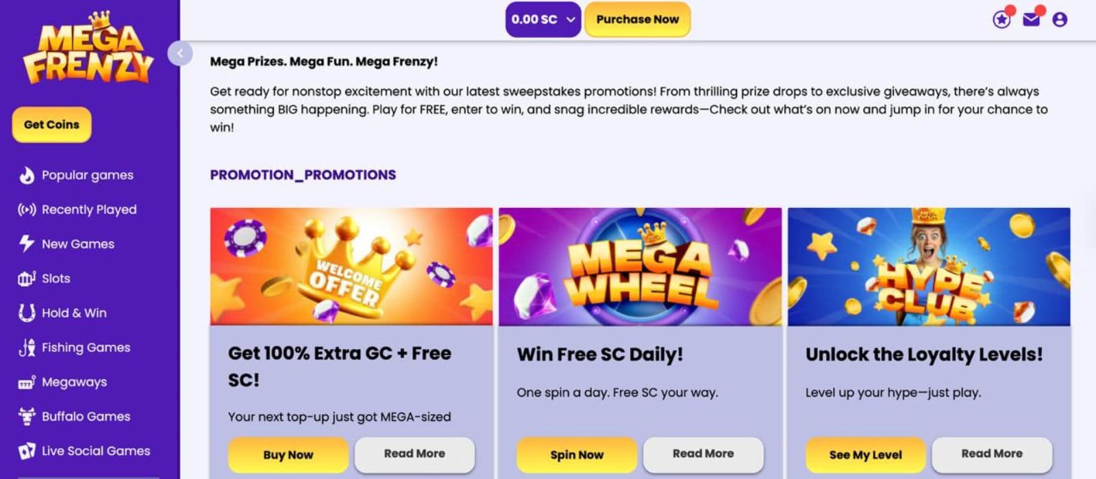 Mega Frenzy Casino's promotion page, showing the welcome bonus and other promotions.