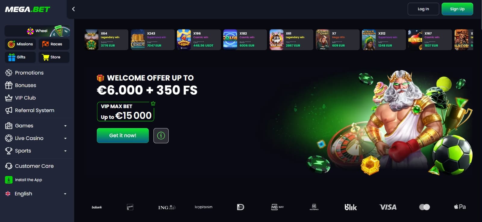 MegaBet Casino landing page featuring  Welcome Offer up to €6.000 + 350 FS  