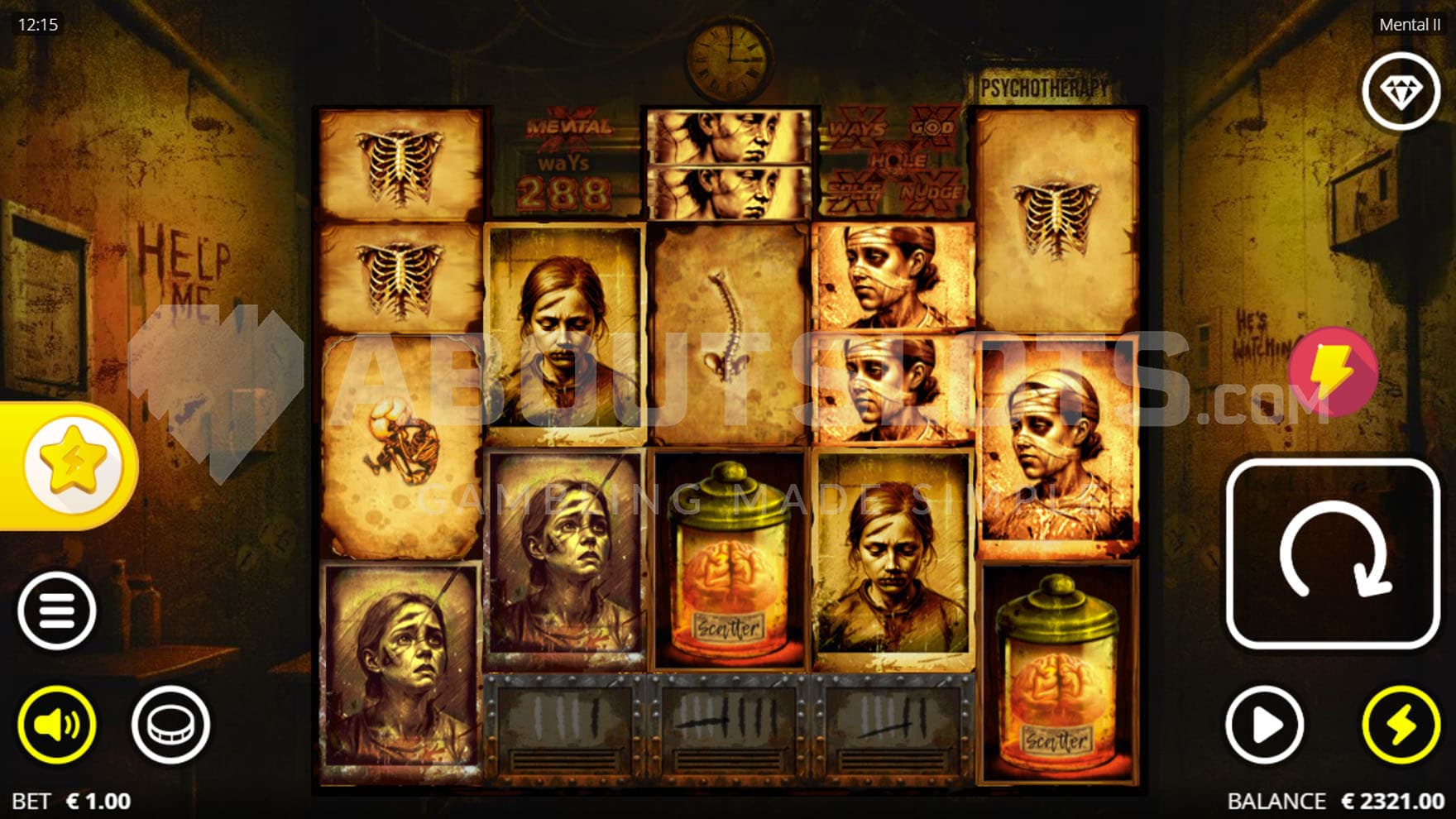 Base Game view of a 5-reel irregular grid on a backdrop of a gloomy asylum interior.