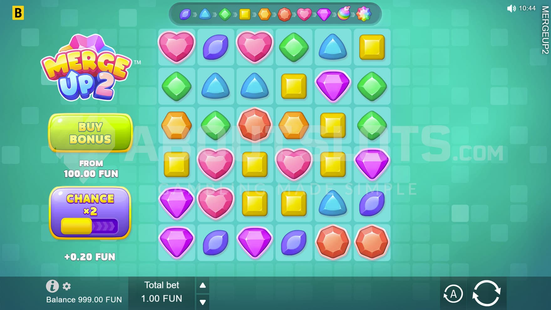 Base Game view of a 6x6 grid populated by colorful gem symbols.