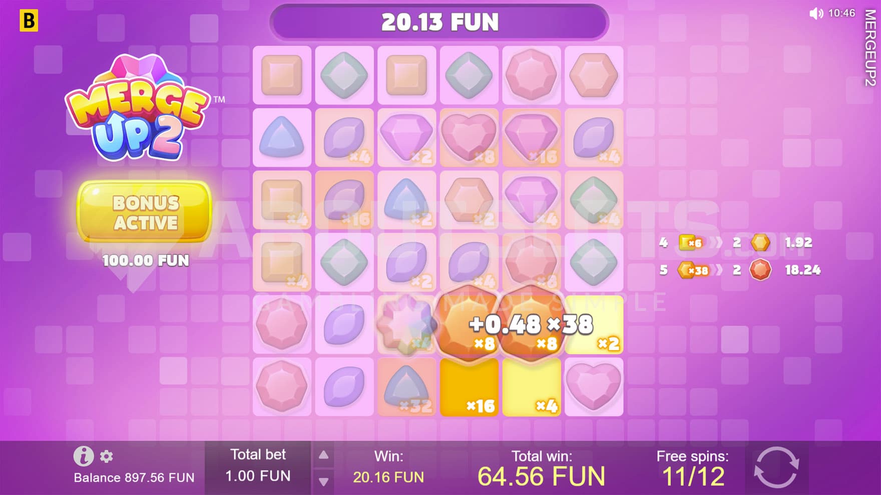Free Spins bonus round in progress, showing multiple positions with increased multipliers and a cluster being created.