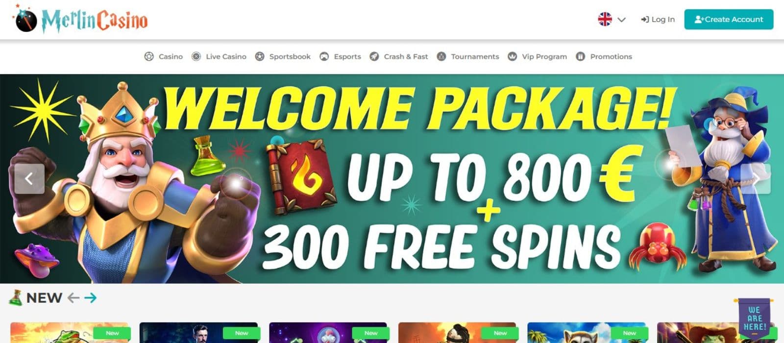 Merlin Casino's homepage, showing the welcome package flanked by game avatars.