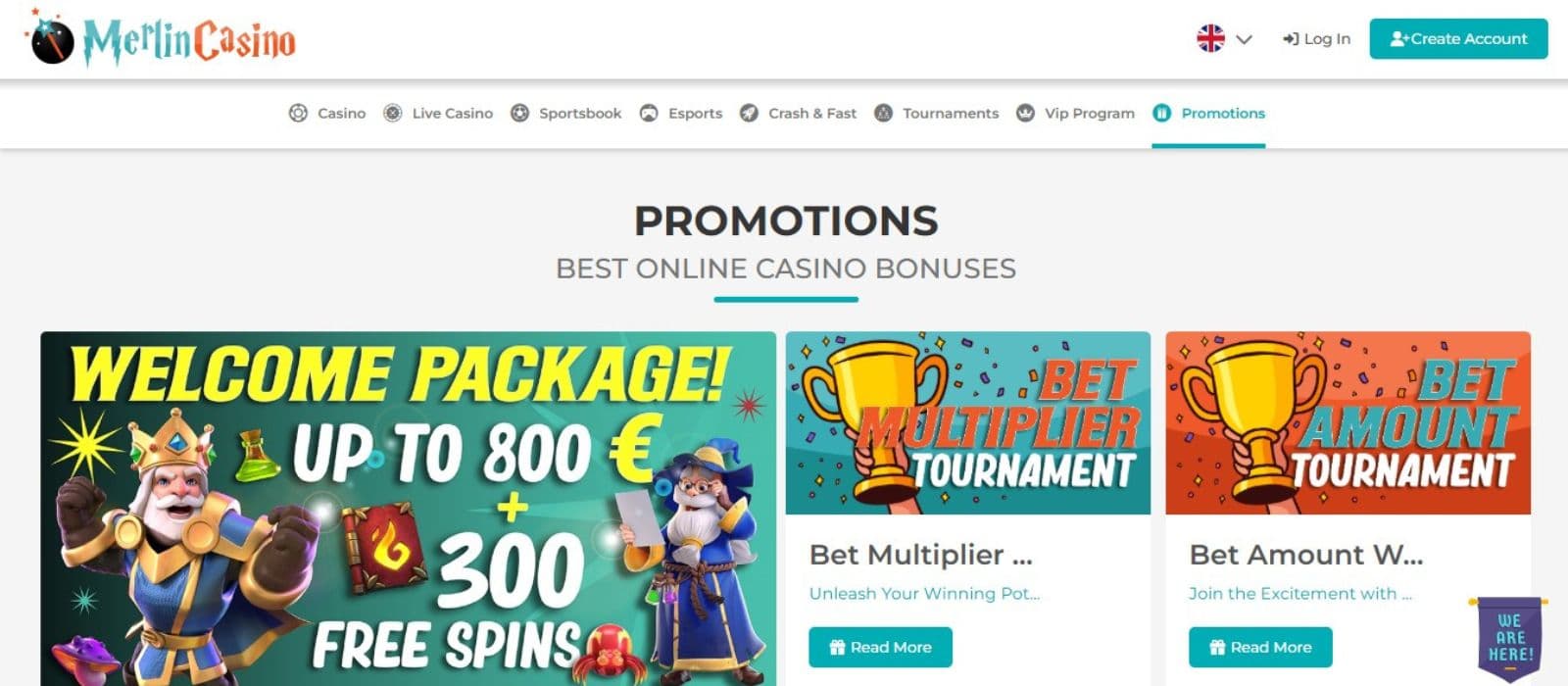 Merlin Casino's promotions page, showing their welcome bonus package and active tournaments.