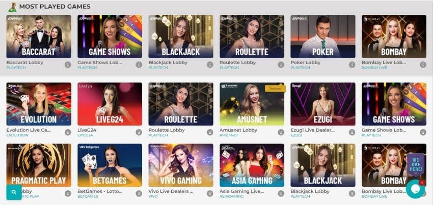 Merlin Casino's live dealer section, showing variations of blackjack, baccarat, roulette, and poker.