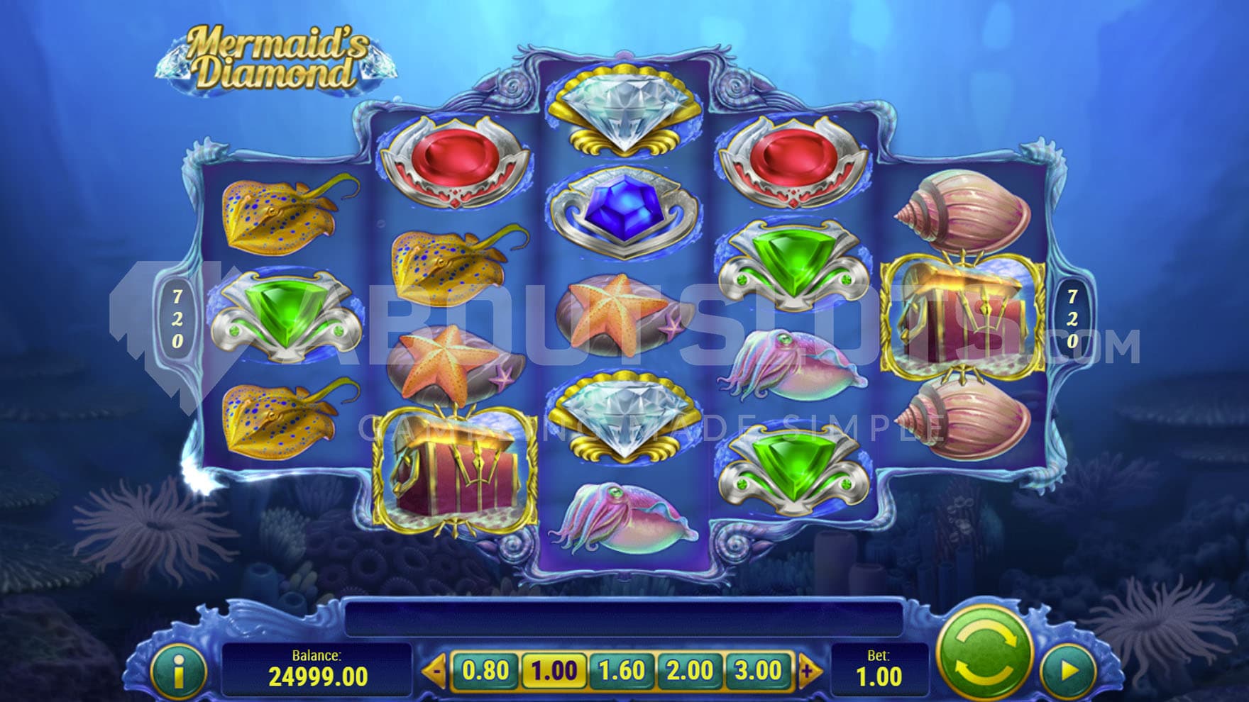 Base Game view of a 5-reel grid on a backdrop of an underwater landscape.
