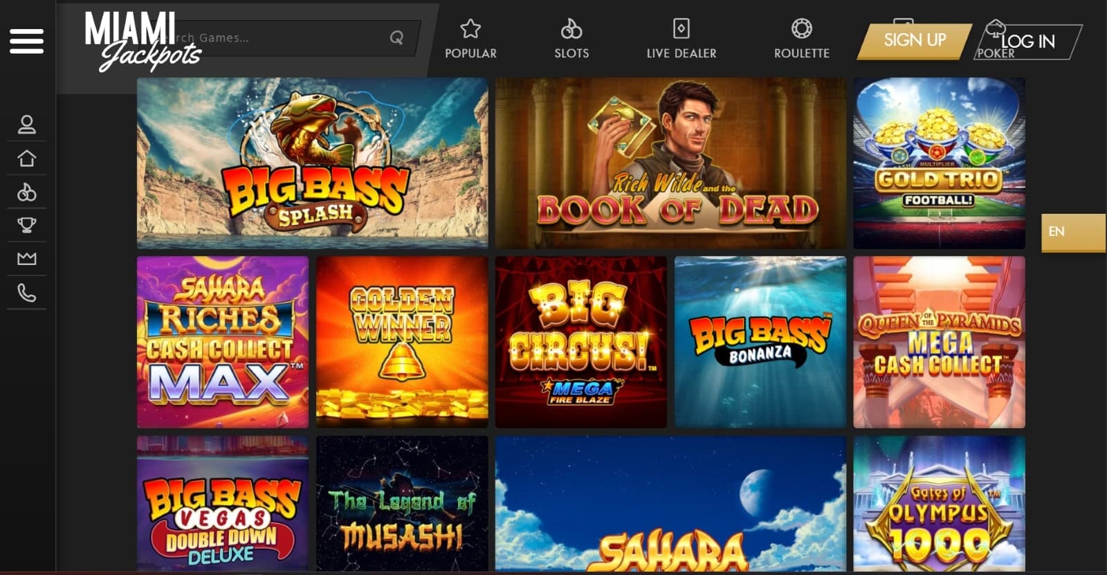 Miami Jackpots Casino games page featuring popular slots such as Book of Dead, Big Bass Splash, Big Circus and many others