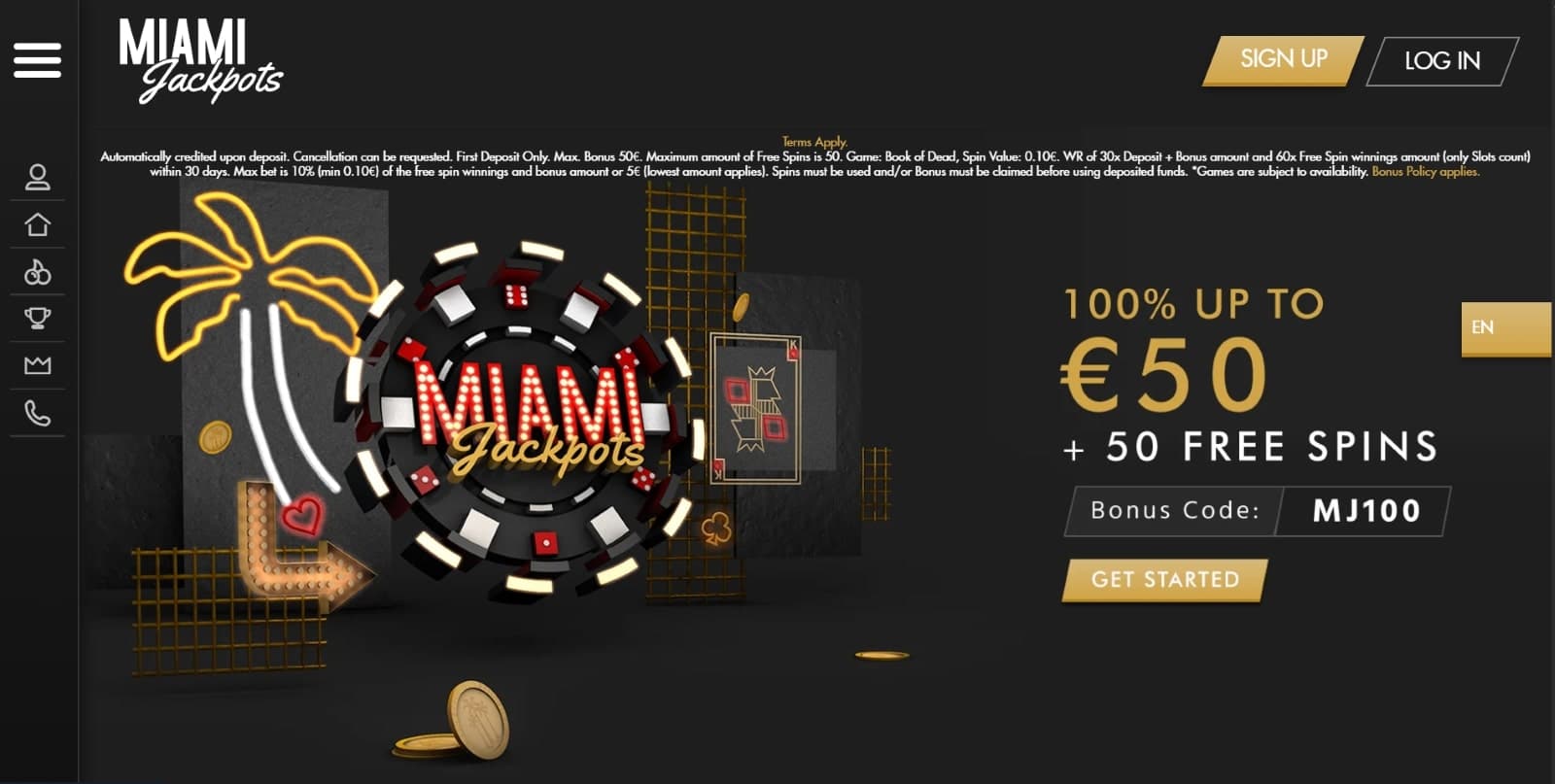 Miami Jackpots Casino landing page featuring 100% up to 50 euros and free 50 free spins welcome bonus 