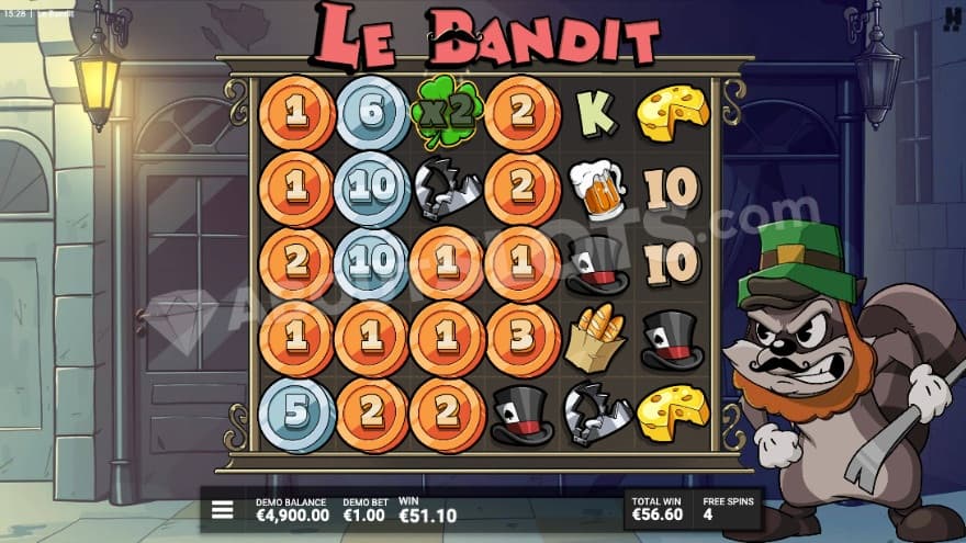 Luck of the bandit bonus game with coin symbols on the reels.