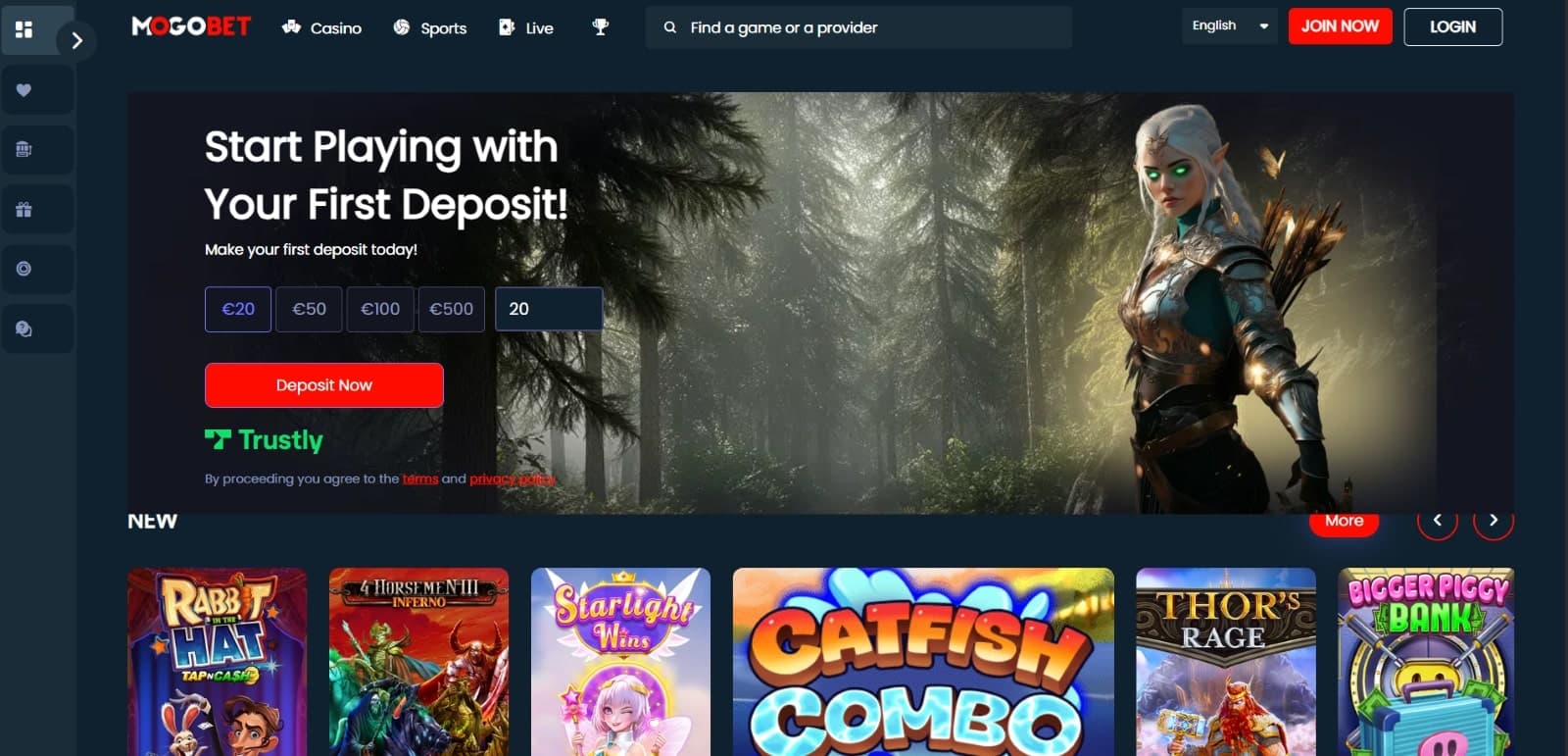MogoBet Casino landing page featuring Trustly sign in option with elf character image