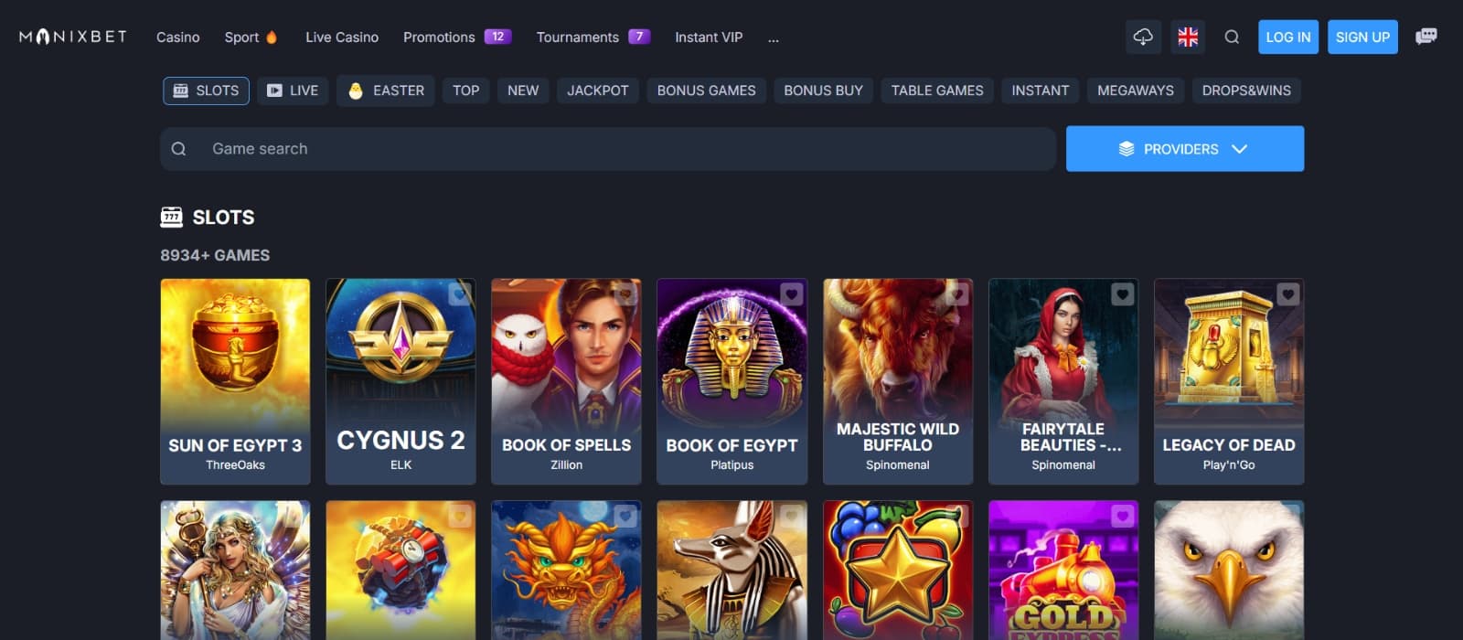 Monixbet Casino games page with 8000 slots such as Sun of Egypt 3