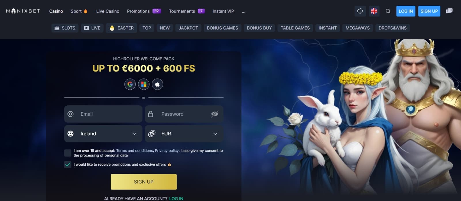 Monixbet Casino landing page with high roller welcome bonus of 6000 eur over Easter inspired image
