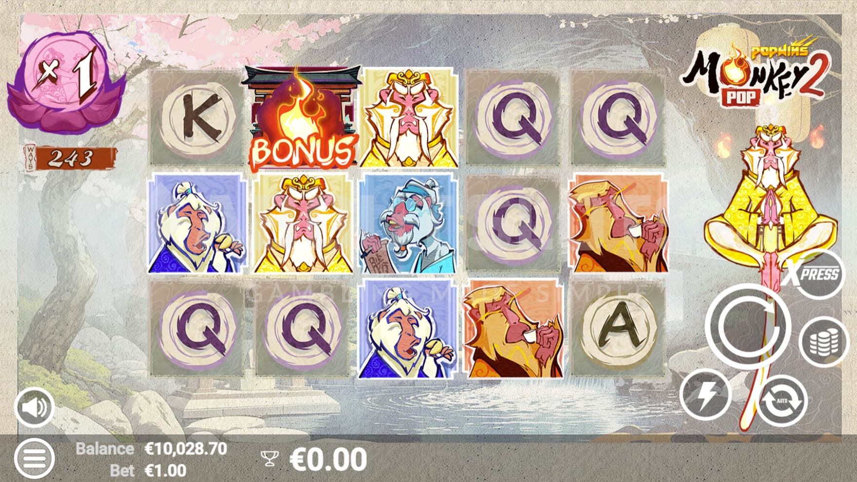 Base Game view of a 5x3 grid on a painted watercolor Asian landscape.