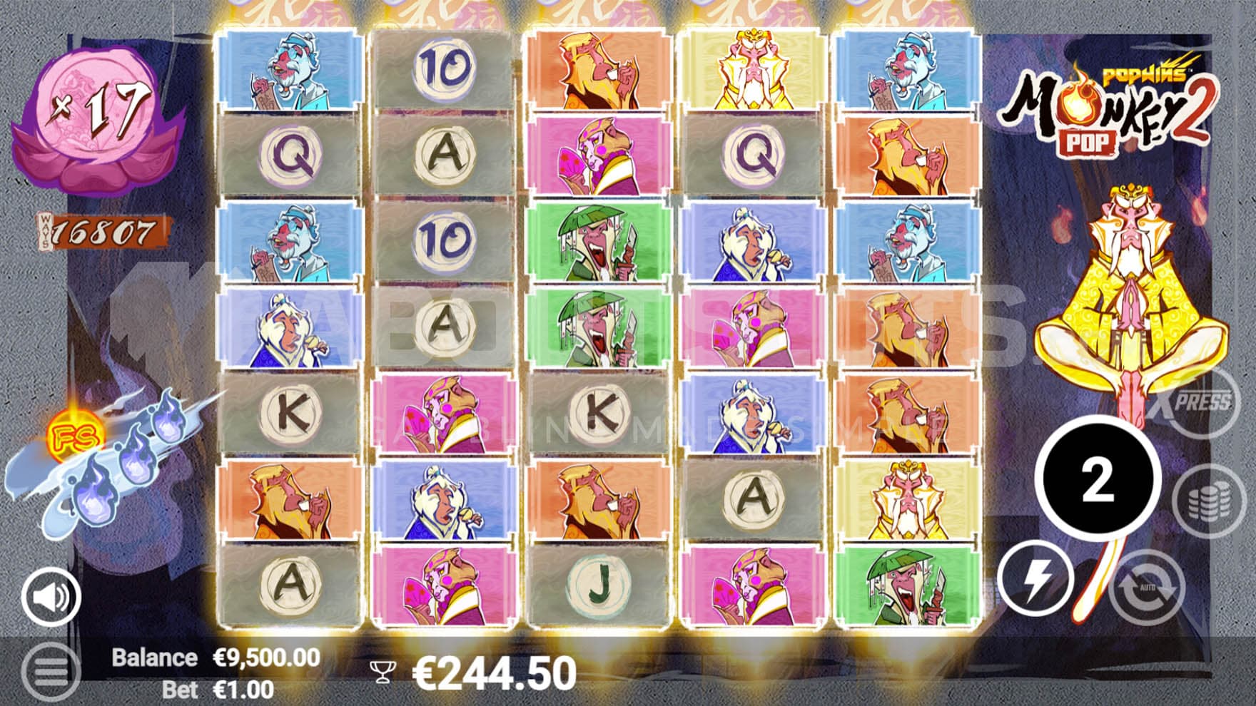 Bonus Game in progress, showing all reels increased to a maximum height and the win multiplier increased to x17.