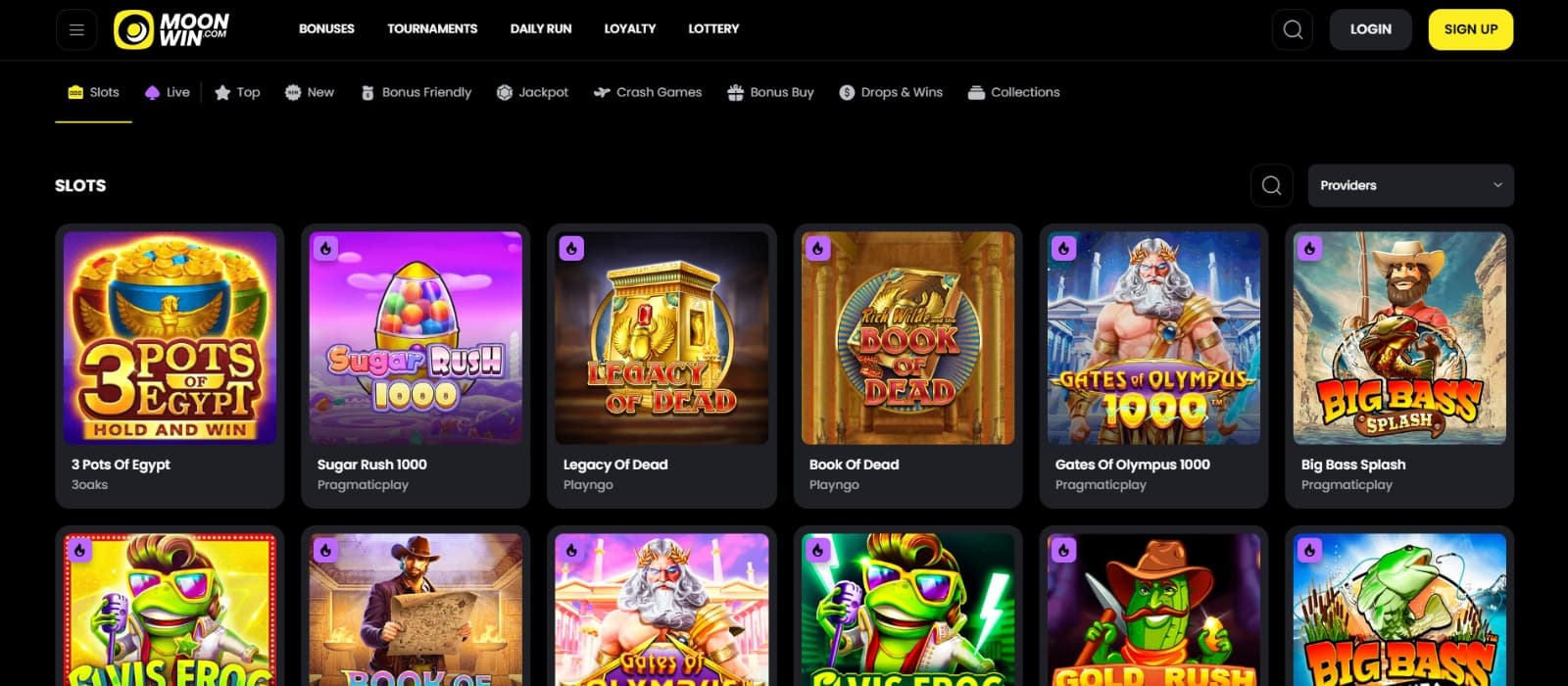 MoonWin Casino games page with  Slots Live Top New Bonus Friendly Jackpot Crash Games Bonus Buy Drops & Wins