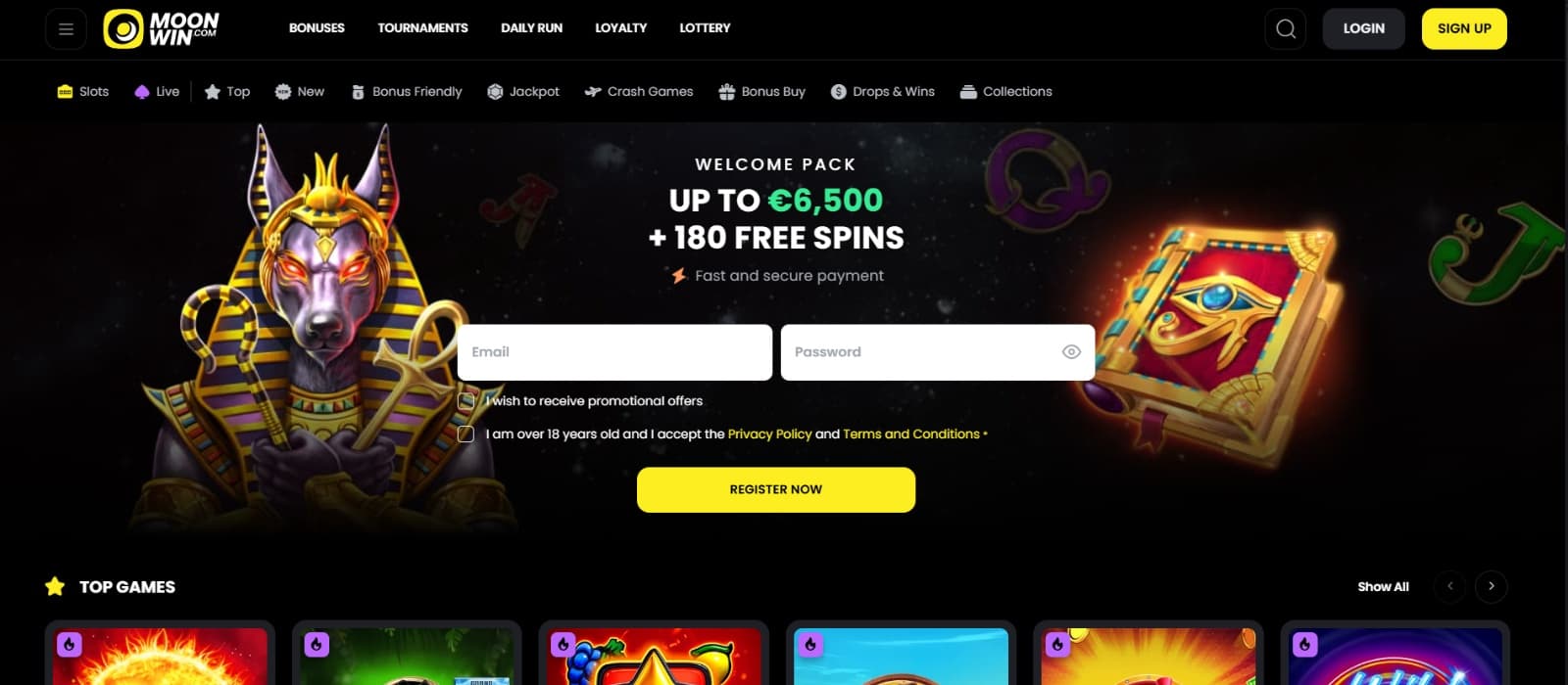 MoonWin Casino landing page with Anubis and Book of Ra promotional  banner