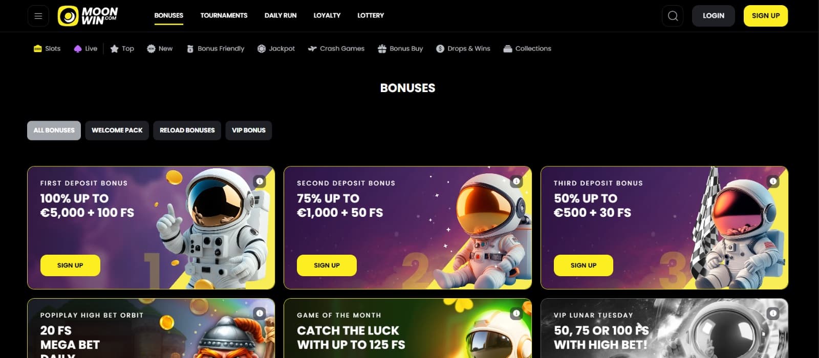 MoonWin Casino promotional offers with reload and deposit bonuses on spaceman tiles 