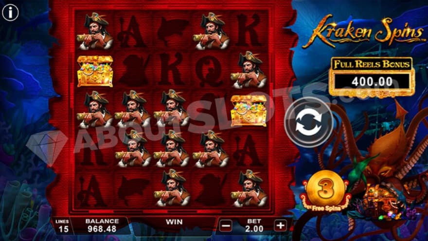Kraken Spins feature with three free spins remaining.