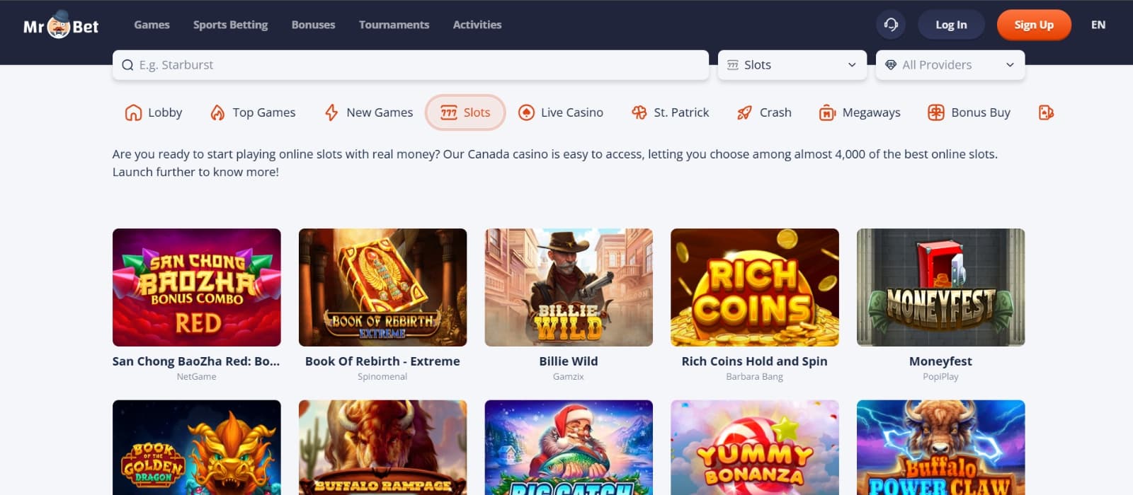 Mr Bet Casino Games page with slot games such as Rich Coins