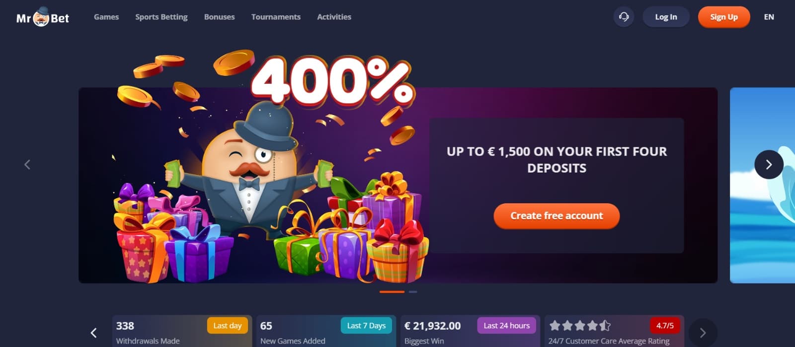 Mr Bet Casino Landing page with welcome promotion of 400%