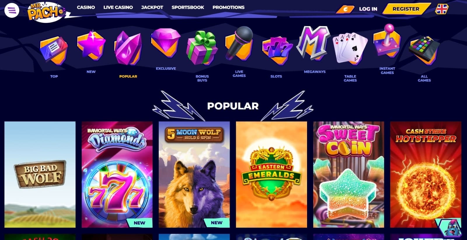 MrPacho casino's games page with slots, table games, megaways, popular and instant games