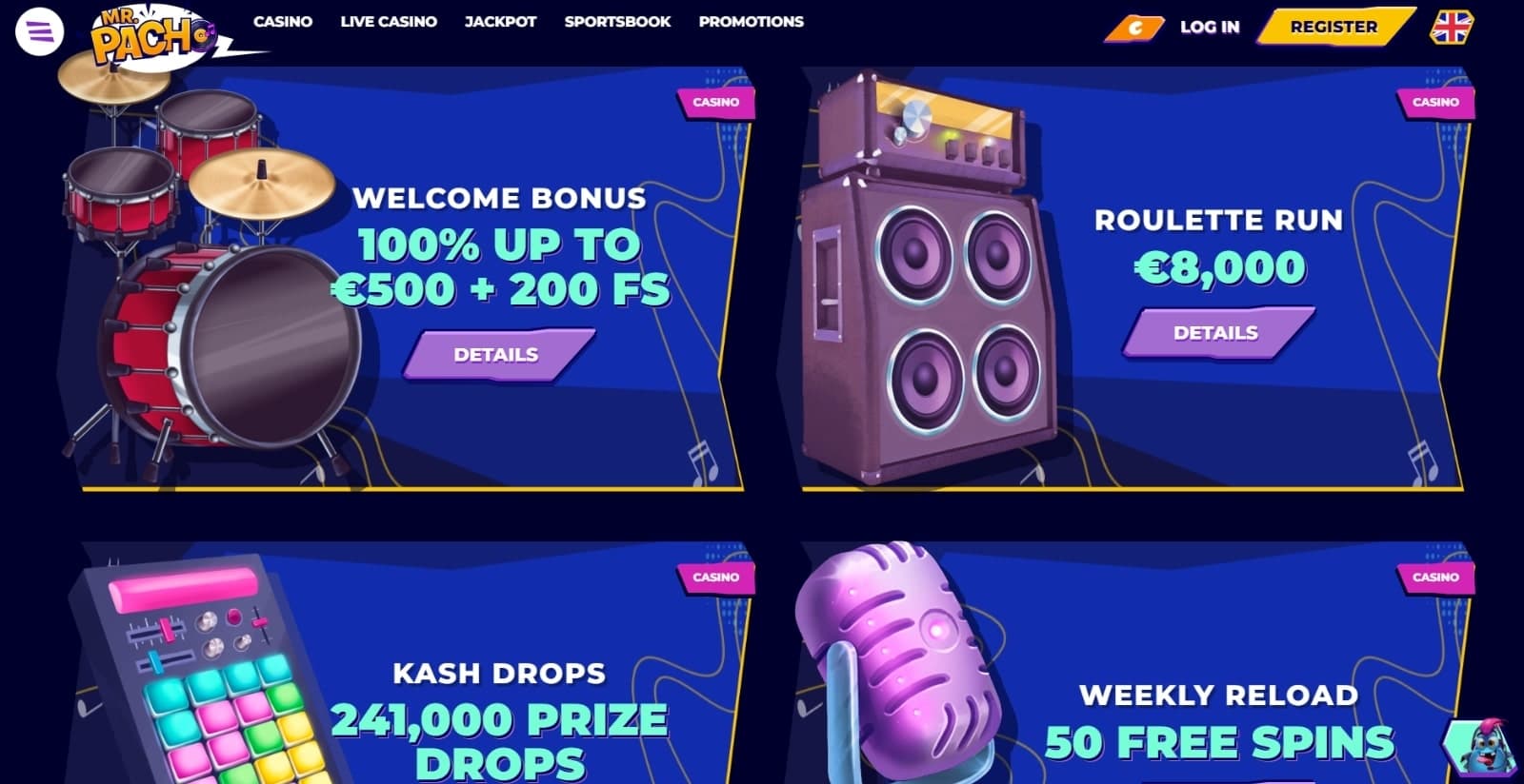 MrPacho Casino's promotions page featuring the welcome bonus, roulette run, kash drops, weekly reload and other recurring promotions