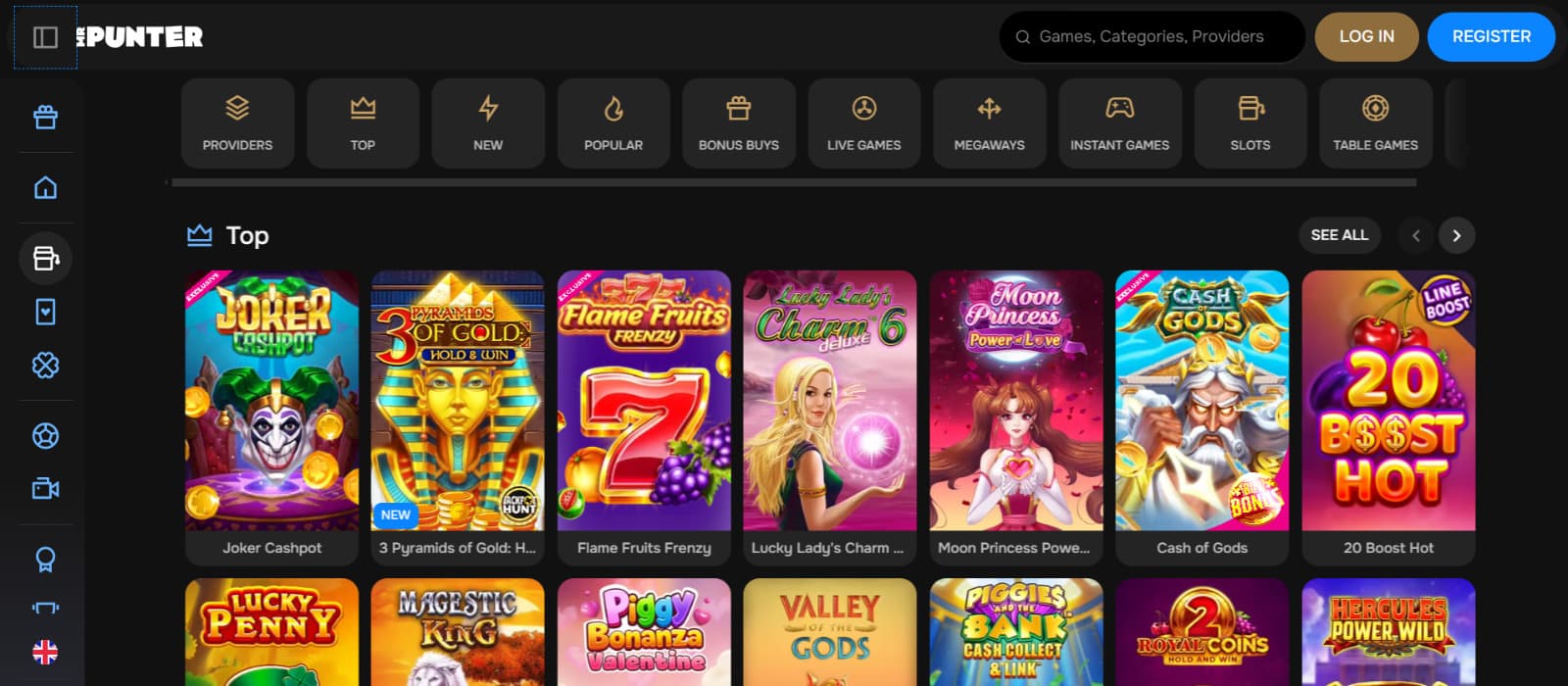 MrPunter Casino games page with popular slots featuring Egyptian and anime themed games