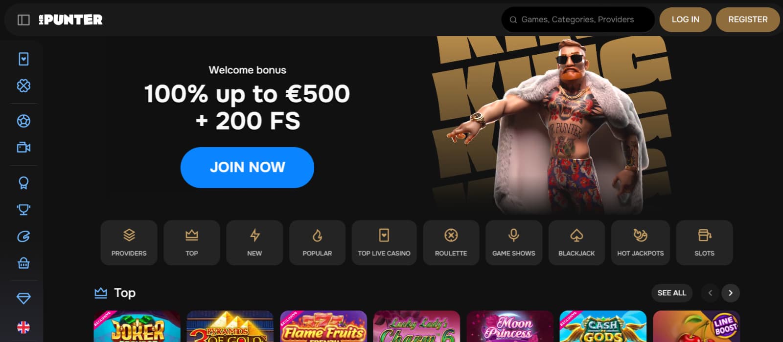 MrPunter Casino Landing page with MMA fighter animation pointing at welcome bonus
