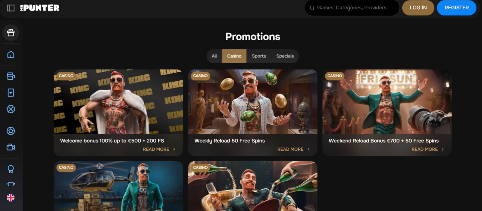 MrPunter Casino promotions page with tattooed Conan McGregor  character 