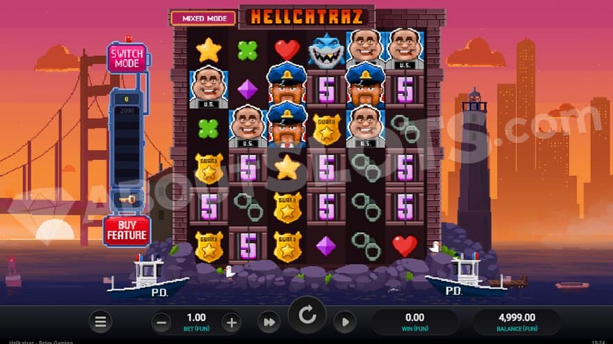 A casino slot on the Alcatraz prison with San Francisco and the Golden Gate Bridge in the background.