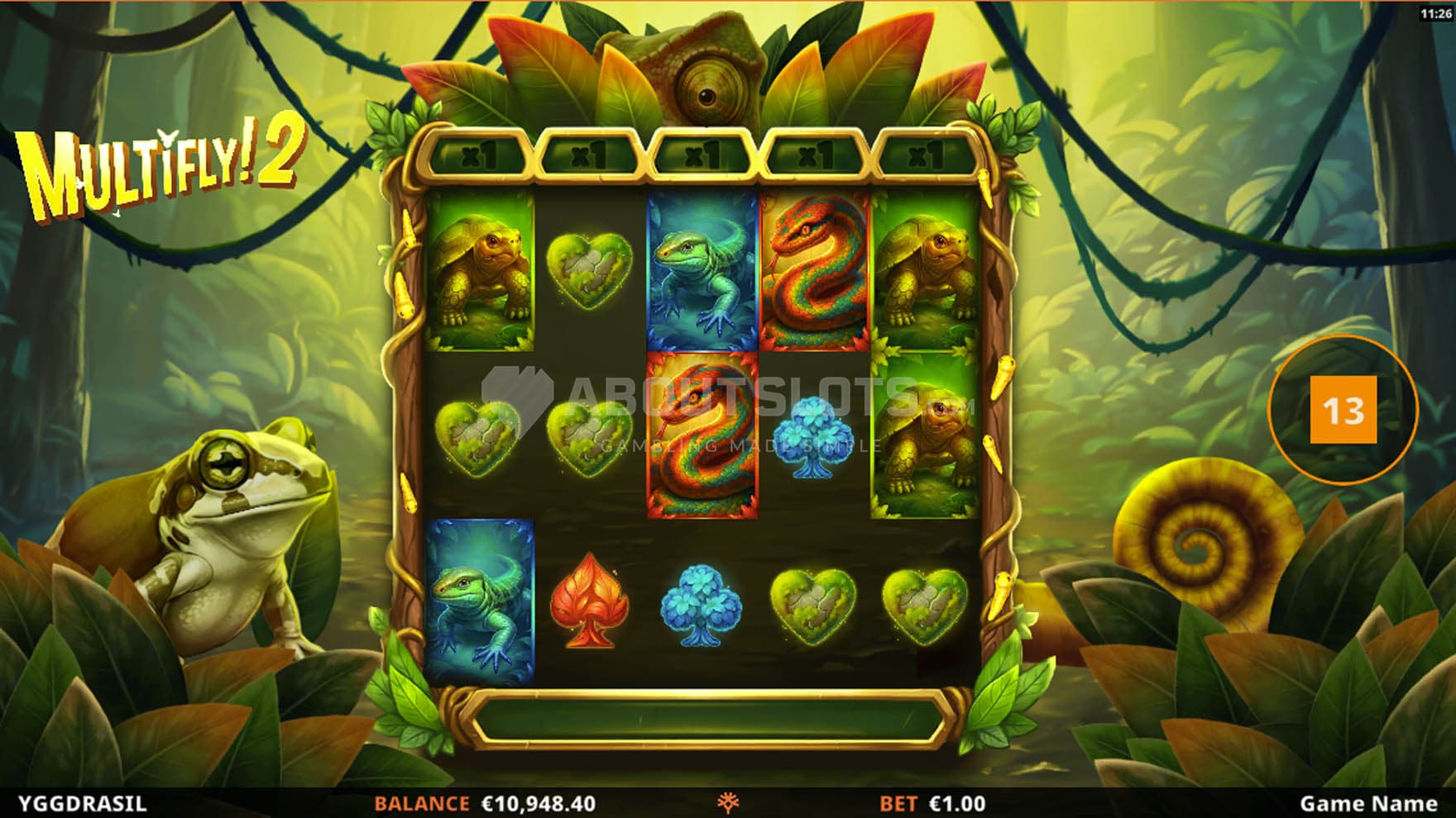 Base Game view of a 5x3 grid on a backdrop of a tropical jungle, with a frog sitting on the left.
