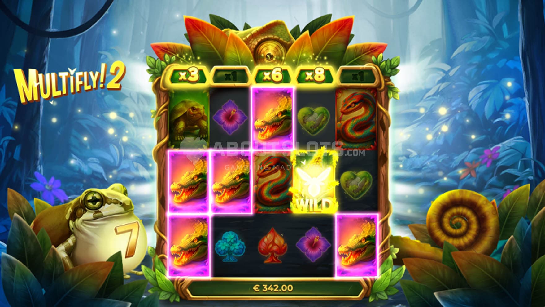 Free Spins bonus in progress, showing several reels with increased multipliers. 