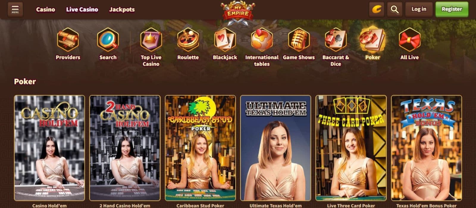 MyEmpire Casino's live games section, showing poker variations.