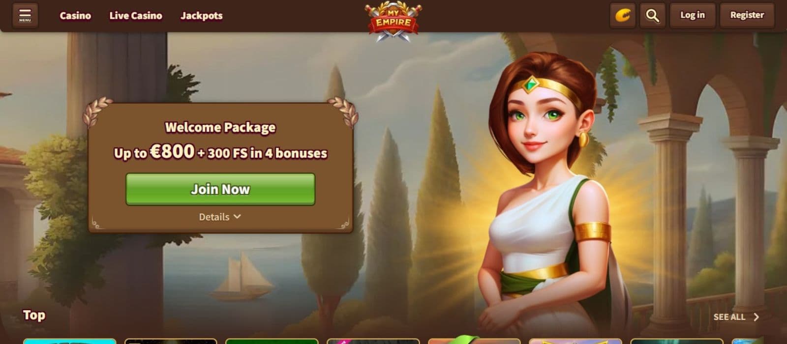 MyEmpire Casino's homepage, showing the welcome bonus package worth up to €800 plus 300 free spins.