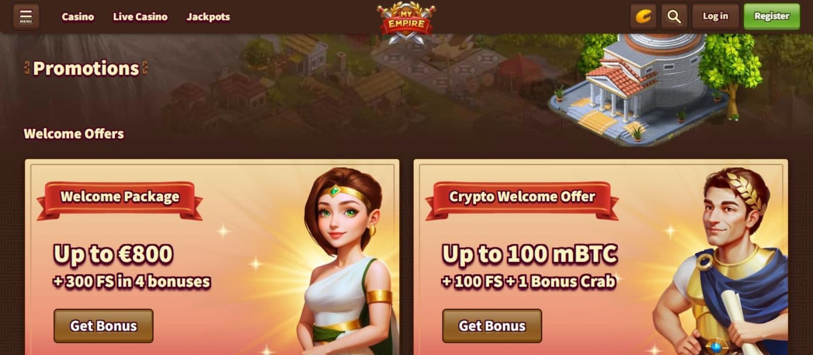 MyEmpire Casino's promotion page, showing the welcome bonus and the crypto welcome bonus.