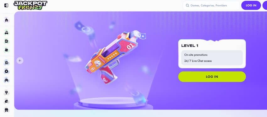 Jackpot Frenzy VIP page showing level 1 benefits and other illustrations.