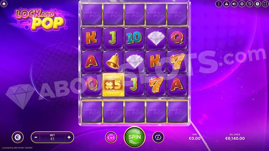 Base game with a 5X multiplier symbol on the second reel.