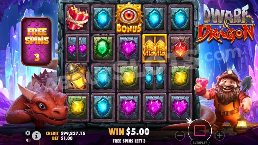 Free Spins bonus game with a scatter symbol on the middle reel.